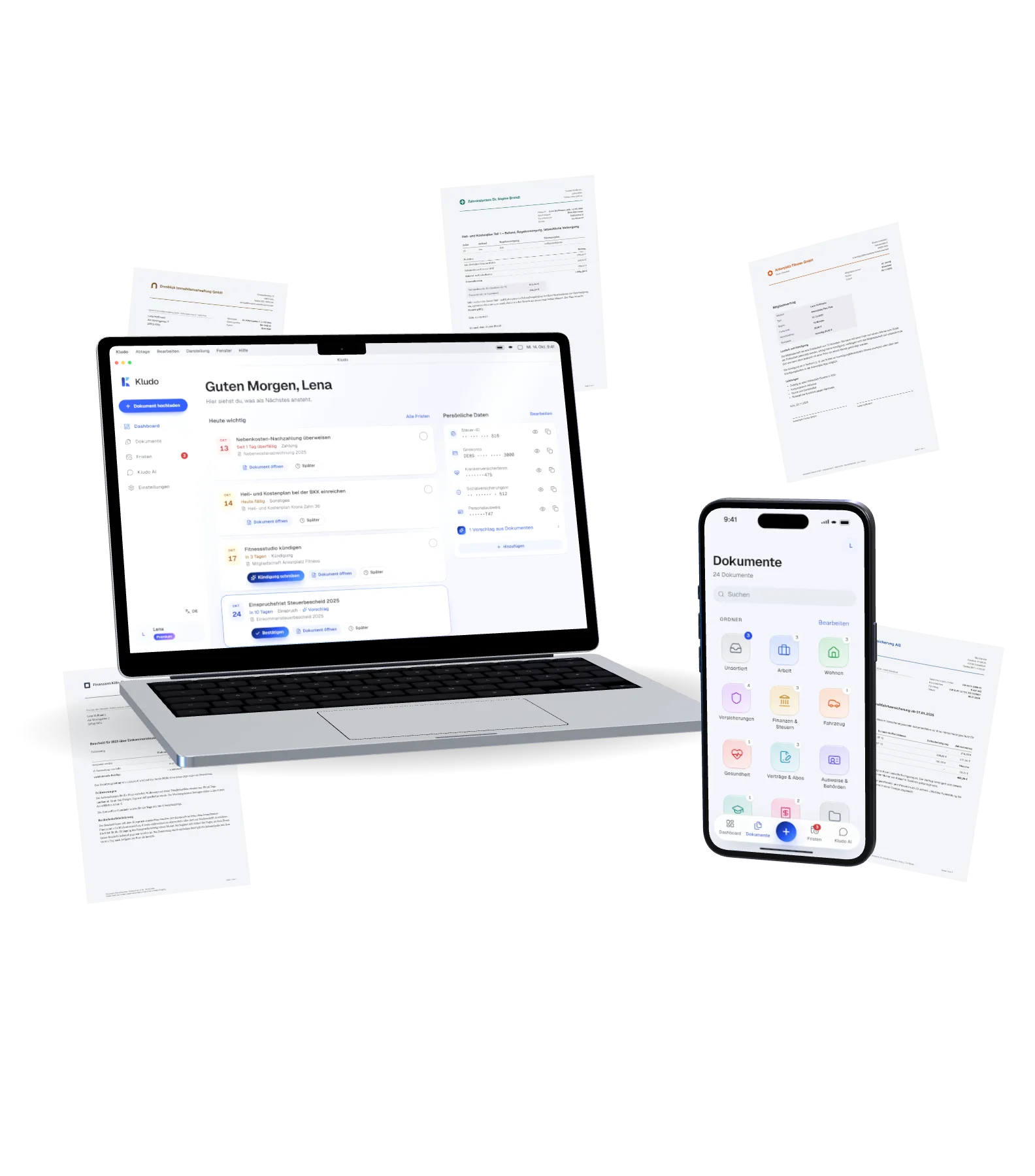 Kludo auf Laptop und iPhone: das Dashboard mit den Fristen, die heute wichtig sind, umgeben von Briefen