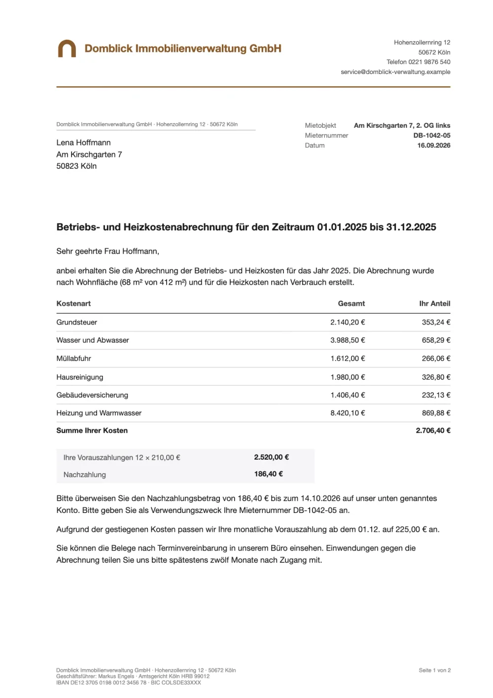 Nebenkostenabrechnung der Domblick Immobilienverwaltung als Beispielbrief
