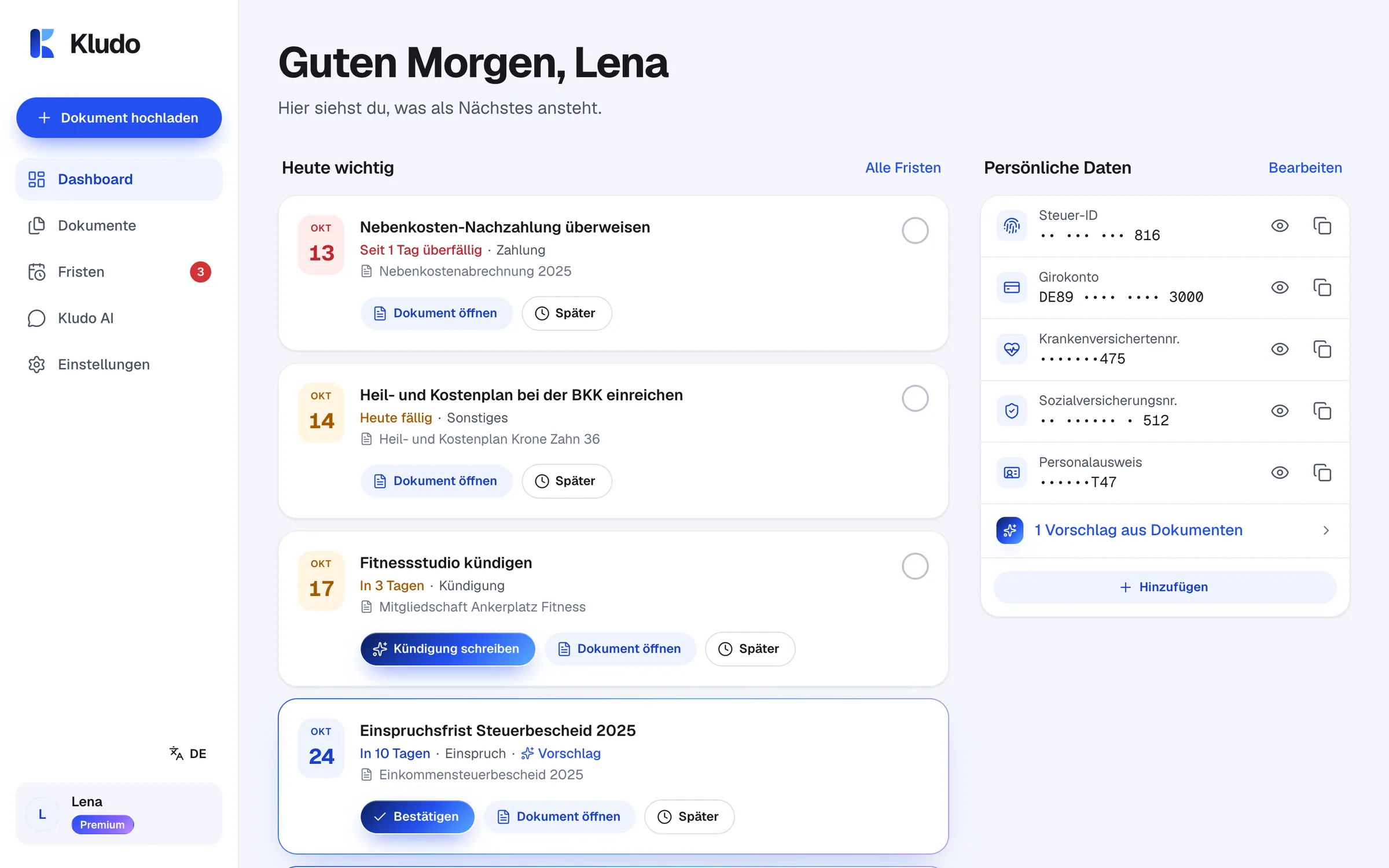 Dashboard am Computer mit Fristen und persönlichen Daten