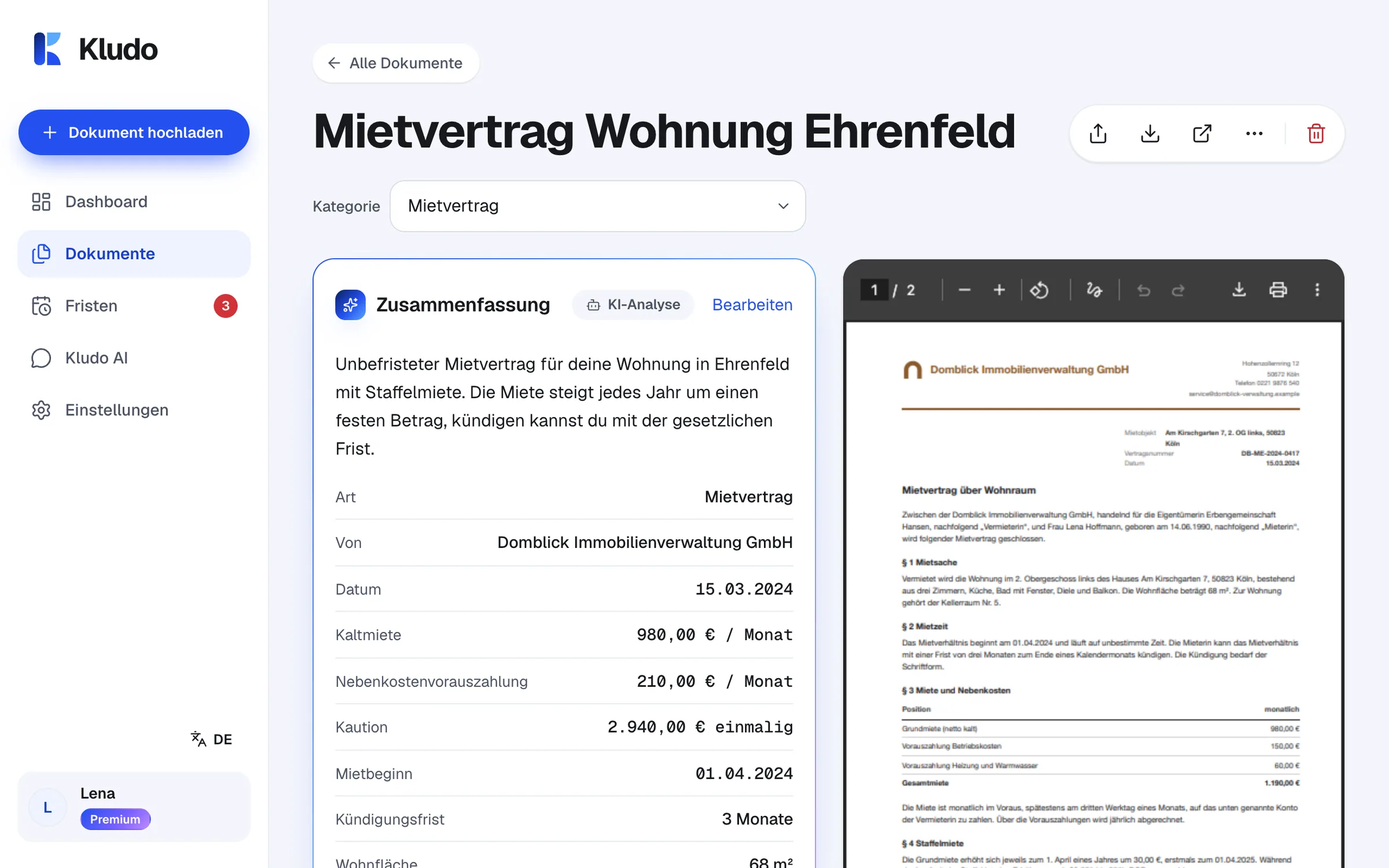 Mietvertrag mit Eckdaten