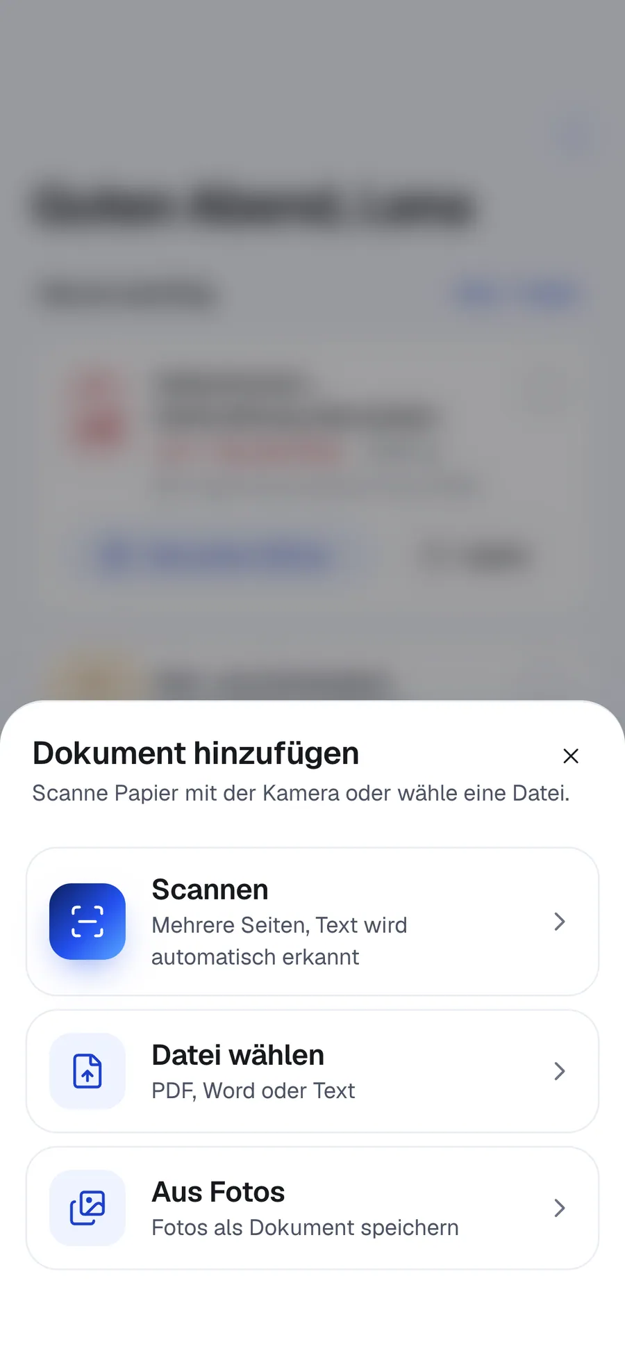 Plus-Menü der App mit Scannen, Datei wählen und Aus Fotos
