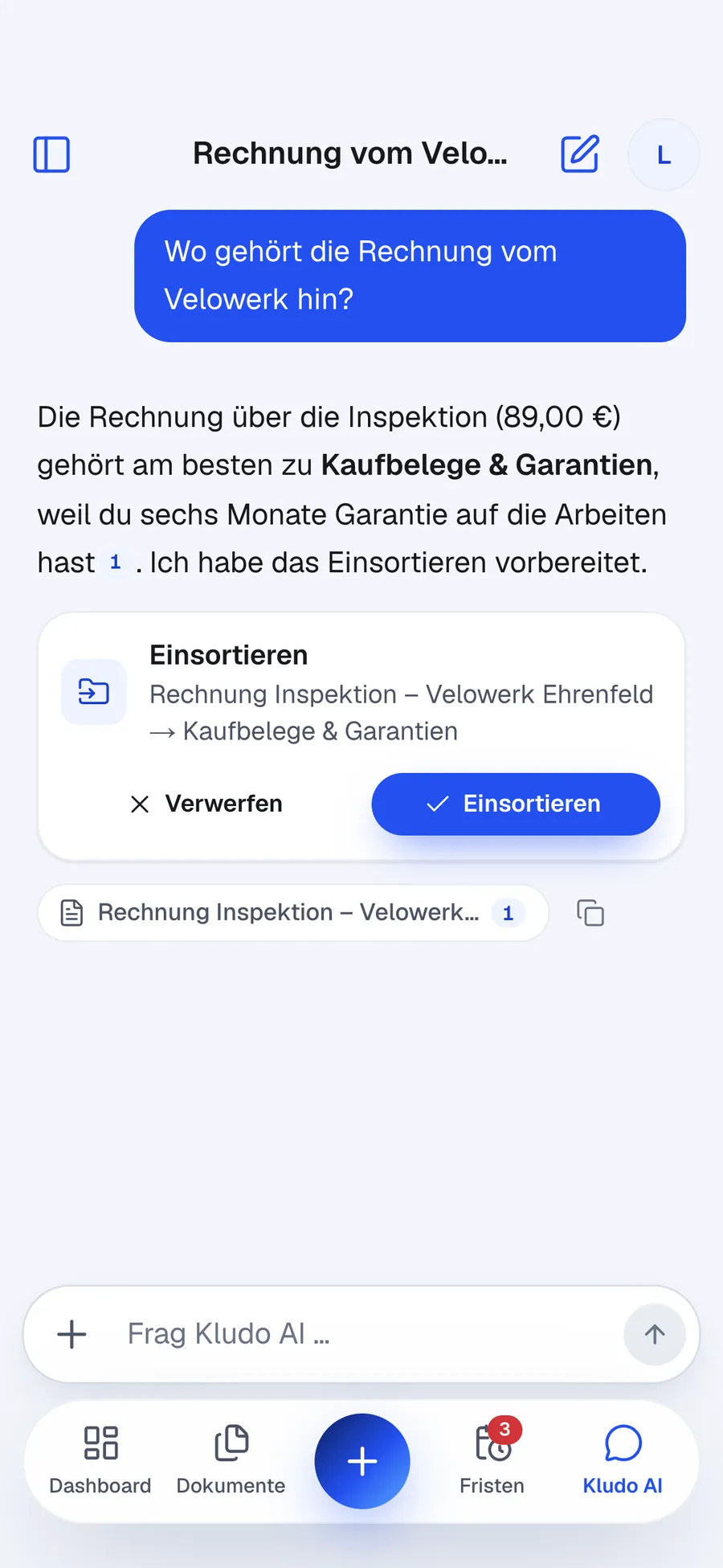 Vorgeschlagene Aktion zum Einsortieren
