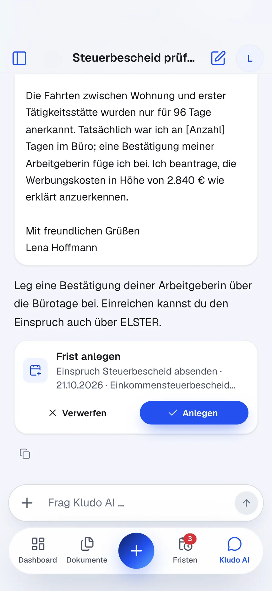 Kludo AI vergleicht Steuerbescheid und Erklärung