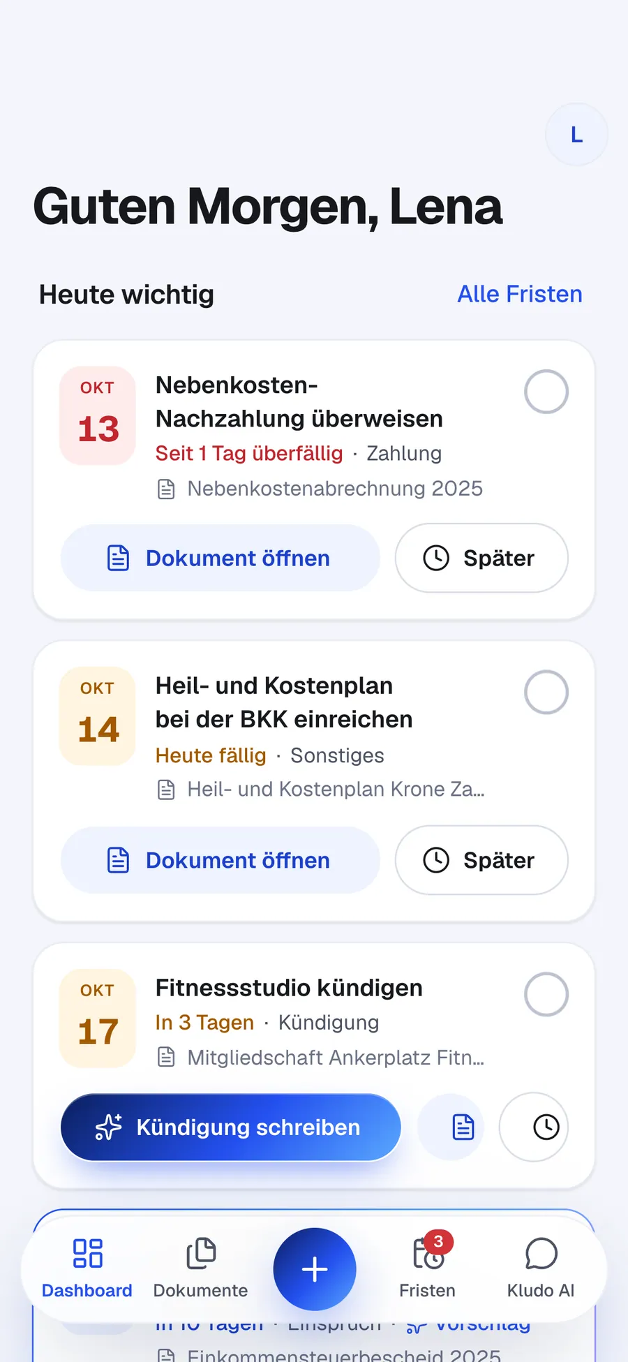 Dashboard mit den Fristen, die heute wichtig sind