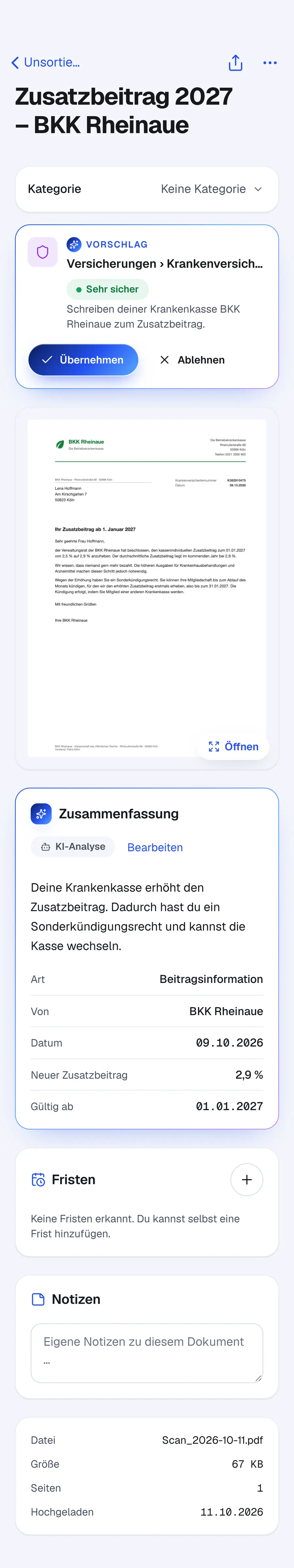 Unsortiertes Schreiben der Krankenkasse mit Ordnervorschlag