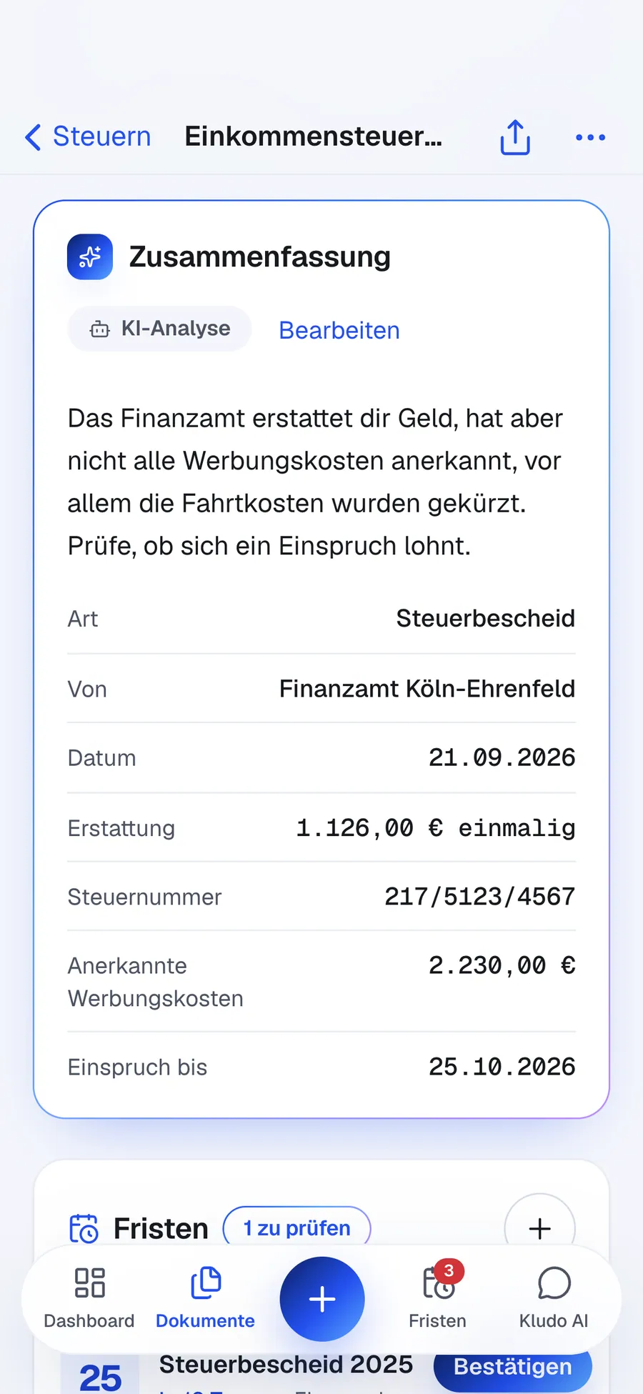 Dokumentseite mit Zusammenfassung