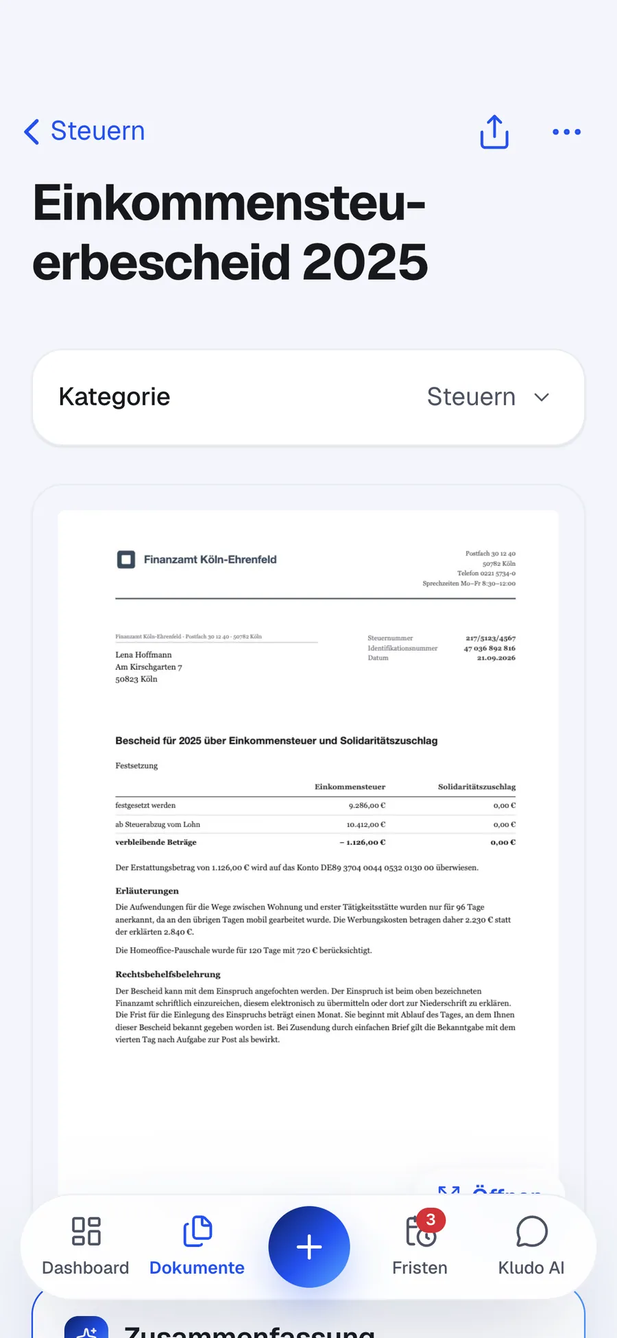 Dokumentseite des Steuerbescheids mit Zusammenfassung