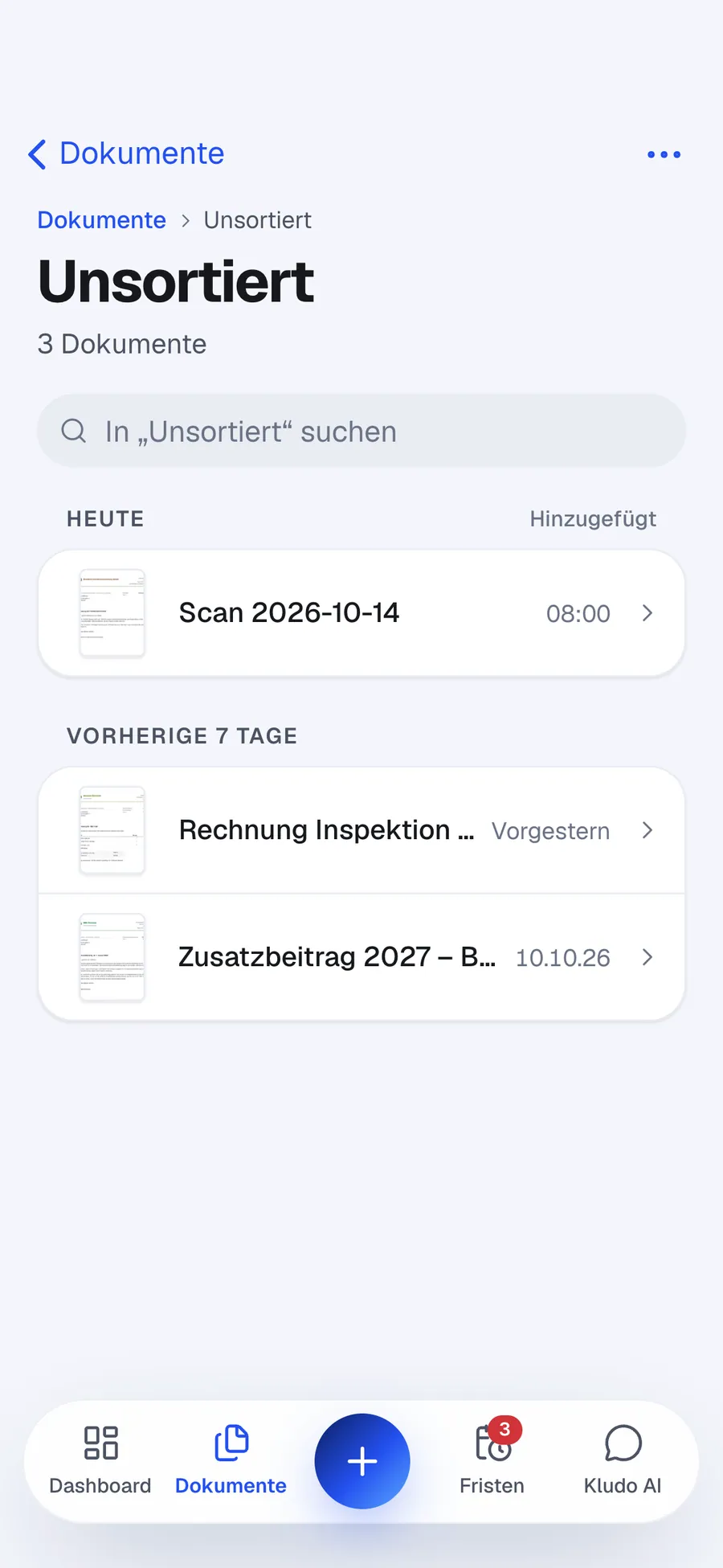 Unsortierte Dokumente mit Vorschlag