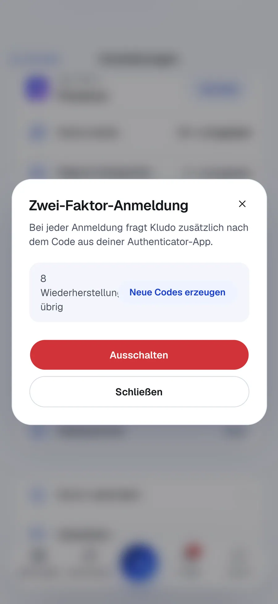 Dialog Zwei-Faktor-Anmeldung mit übrigen Wiederherstellungscodes